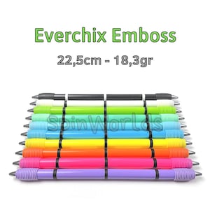 May include: A set of ten colorful pens with black stripes and a white stripe. The pens are 22.5 inches long and weigh 18.3 grams each. The text "Everchix Emboss 22,5cm - 18,3gr" is visible on the image.