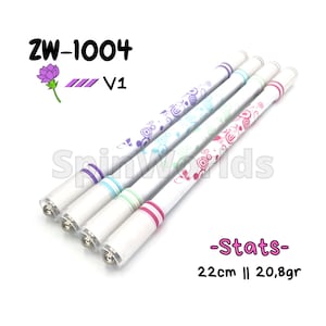 May include: Four white pens with colorful accents and decorative patterns. The pens are 22 cm long and weigh 20.8 grams. The pens are labeled "ZW-1004 V1".