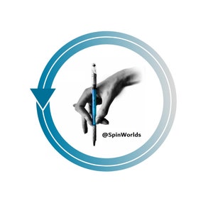 May include: A blue pen held in a hand, with a blue circle and arrow around it. The text "@SpinWorlds" is below the pen.