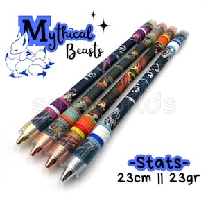 May include: Four black pens with colorful bands and a mythical beast design. The pens are 23 cm long and weigh 23 grams each. The text "Mythical Beasts" is visible in the image.