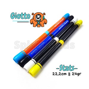 May include: Four colorful pens with a cartoon monster logo. The pens are labeled "Giotto Turbo Maxi Super Washable". The pens are 22.2 cm long and weigh 24 grams.