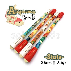 May include: Four colorful, decorative, wooden sticks with red and white tips. The sticks are decorated with images of animals and flowers. The sticks are 26 inches long and weigh 34 grams. The text "Auspicious Beasts" is printed on the image. -Stats- 26cm || 34gr