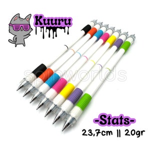 May include: Seven white retractable pens with colorful rubber grips. The pens are 23.7 inches long and weigh 20 grams each. The colors of the grips are black, orange, blue, pink, yellow, purple, and green.
