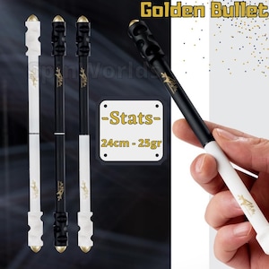 May include: Three black and white pens with gold accents. The pens have a textured grip and a gold tip. The pens are labeled "Golden Bullet". The text "Stats" is on a white rectangle with a black border. The text "24cm - 25gr" is below the text "Stats".