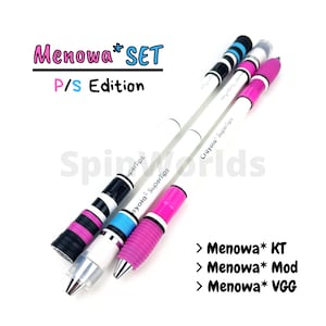 May include: A set of three pen-spinning pens with white barrels and colorful accents. The pens feature black, blue, pink, and white designs. The text "Menowa* SET P/S Edition" is displayed at the top. The pens are labeled "Crayola Supertips".
