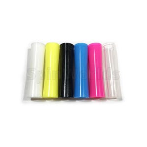 May include: A collection of colorful plastic pen tips in white, yellow, black, blue, pink, and clear. The pen tips are arranged in a row against a white background. The word "Spin Worlds" is printed on the image.