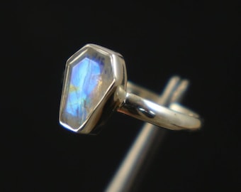 Coffin Weißer Regenbogen Mondstein Ring, Sterling Silber Schmuck