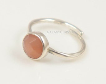 Pfirsich Mondstein Einstellbare Sterling Silber Ring 8 mm Runde Rose Schnitt 92.5 Sterling Silber Ring Handgemachte Schmuck Geschenk für ihren Schmuck Ring