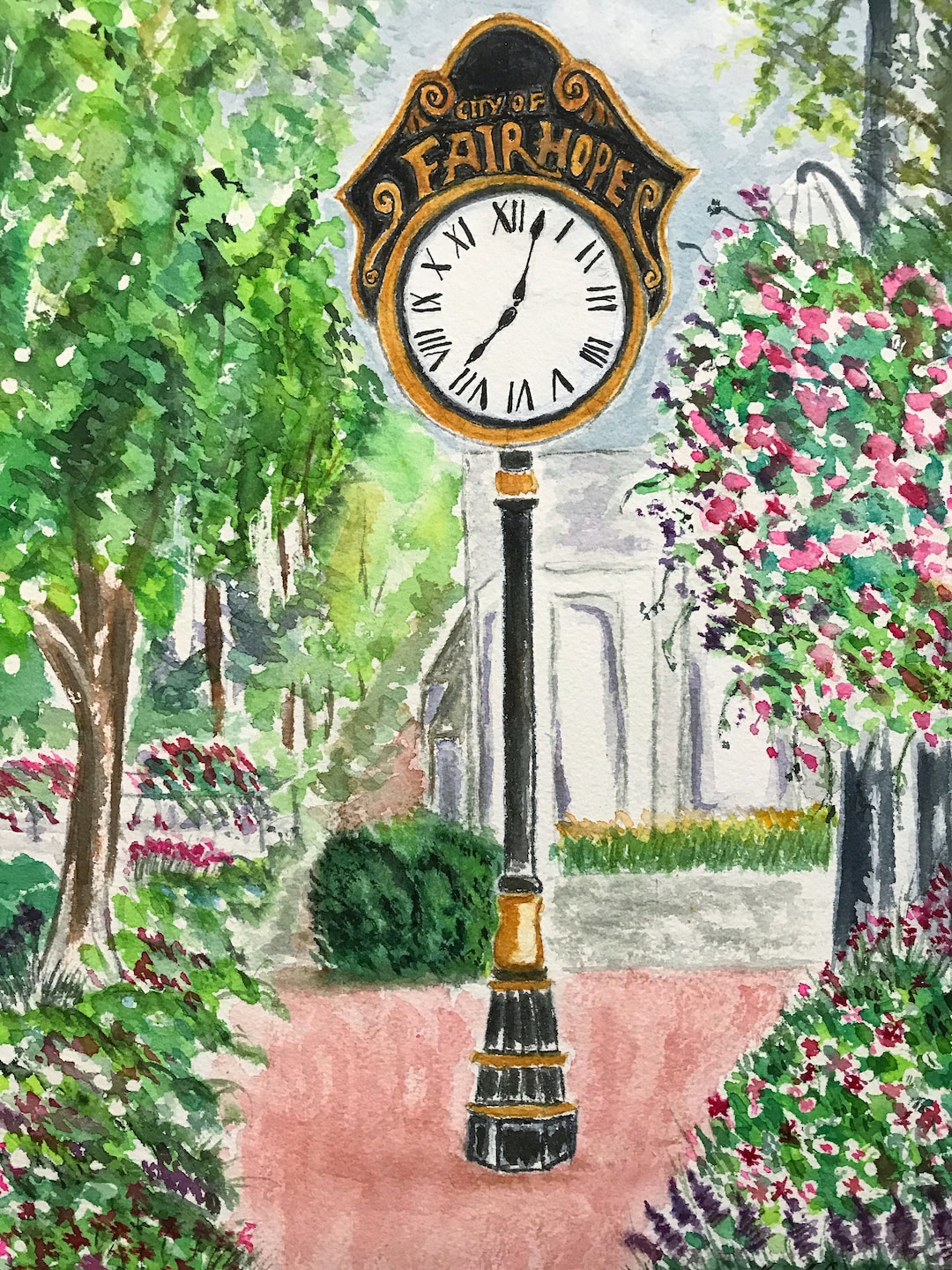 fairhope-clock-original-watercolor-painting-9x12-matted-to-fit-etsy