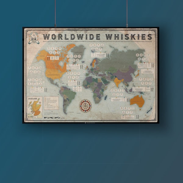 Poster carte du monde - Carte du monde du whisky - Cadeau parfait pour les amateurs de whisky