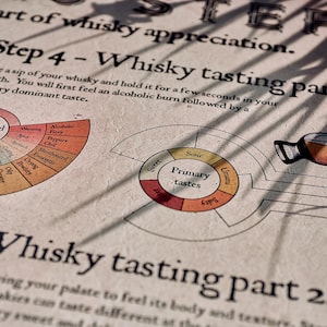 Infographic poster on whisky tasting detailing six steps for appreciation, including a whisky map
