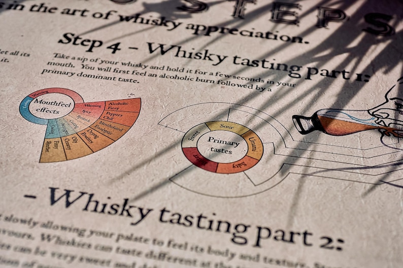 Infographic poster on whisky tasting detailing six steps for appreciation, including a whisky map