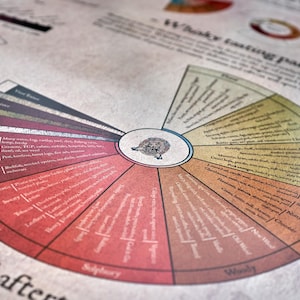 Whisky guide poster illustrating six tasting steps with accompanying whisky map and infographic