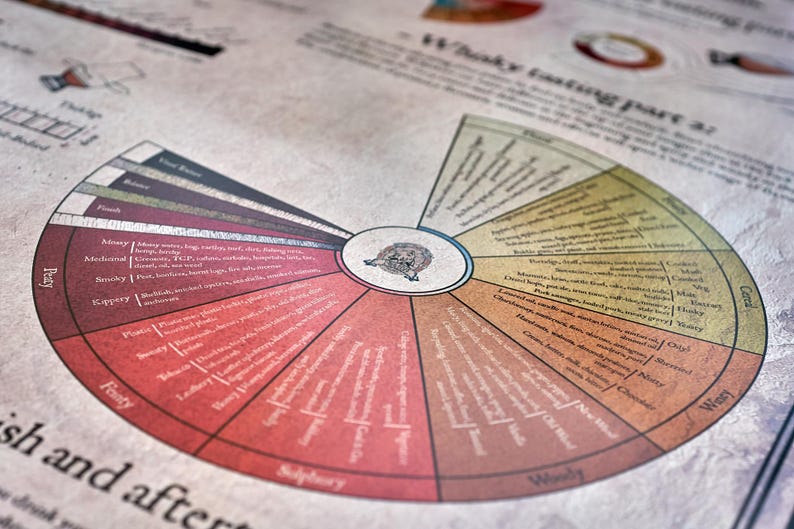 Whisky guide poster illustrating six tasting steps with accompanying whisky map and infographic