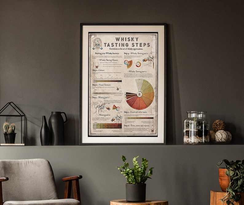 The whisky-tasting guide poster highlights the six steps to consider regarding whisky appreciation. Whisky map, whisky infographic.