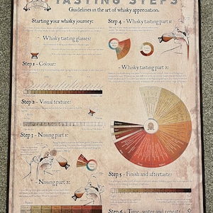 A visual guide to whisky tasting, highlighting six appreciation steps with a whisky map and infographic.