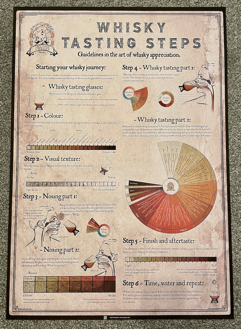 A visual guide to whisky tasting, highlighting six appreciation steps with a whisky map and infographic.