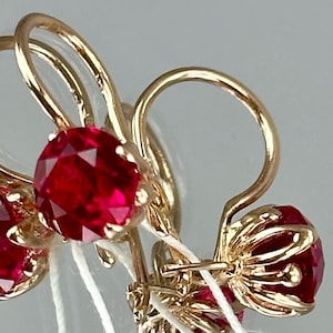 Vintage 14K 583 Rose Gold Ruby Earrings: Lviv Jewelry Factory, 1980s