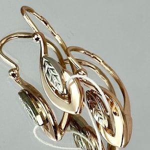 Vintage 14K 585 Rose & White Gold Earrings:  1990s Leaf Design