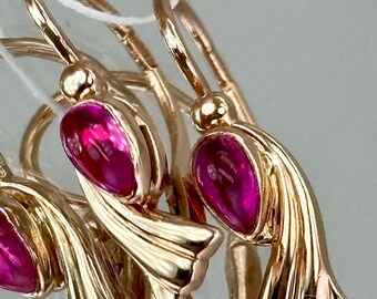 Vintage 14K 583 Rose Gold Ruby Earrings: Floral Drop Design