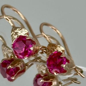 Vintage 14K 583 Rose Gold Ruby Earrings, Ukraine, 1987