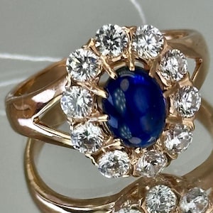 Vintage 14K 585 Rose Gold Ring with Blue Sapphire & Cubic Zirconia