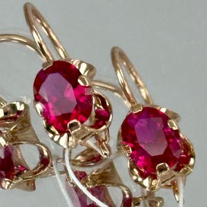 Könnte beinhalten: Ein Paar goldfarbene Ohrringe mit oval geschliffenen, tiefroten Edelsteinen. Die Ohrringe haben ein klassisches Design mit Hakenverschluss und aufwendigen Details um die Edelsteine herum.