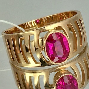 Vintage 14K 583 Rose Gold Ring with Ruby, Geometric Design
