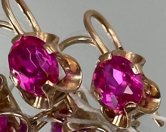Vintage 14K 583 Rose Gold Ruby Earrings: Solid Gold, 1977