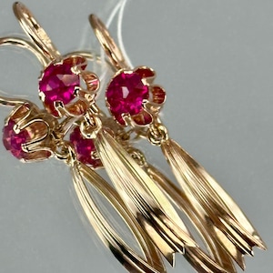 Vintage 14K 583 Rose Gold Ruby Dangle Earrings - Armenia, Yerevan, 1972