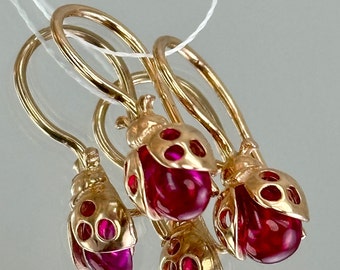 Vintage Original Solid Rose Gold Ruby Earrings "Lady Bug" 585 14K, Rose Gold 585 14K, Ruby Solid Rose Gold Earrings 585 14K, Gold 583, Ruby