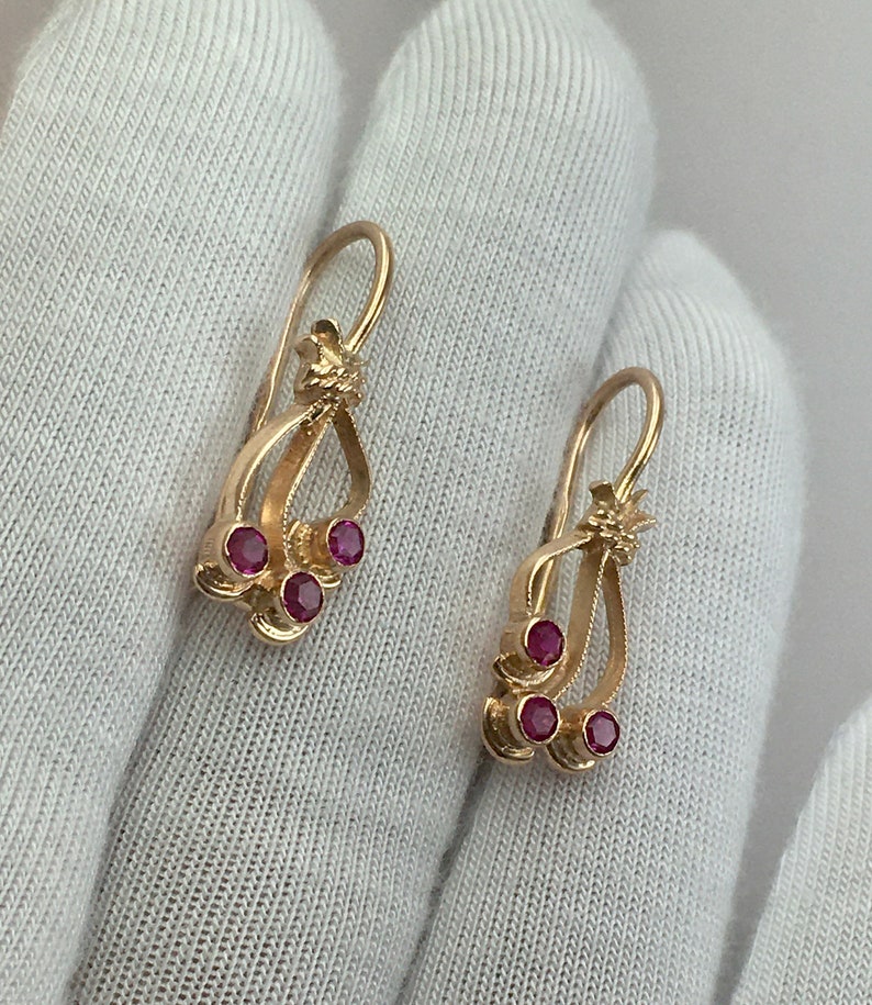 Solid Gold Earrings 583 Vintage Original Soviet Gold Earrings with Ruby 583 Solid Gold 14 KT made in USSR 14 KT Ruby Rose Gold Earrings