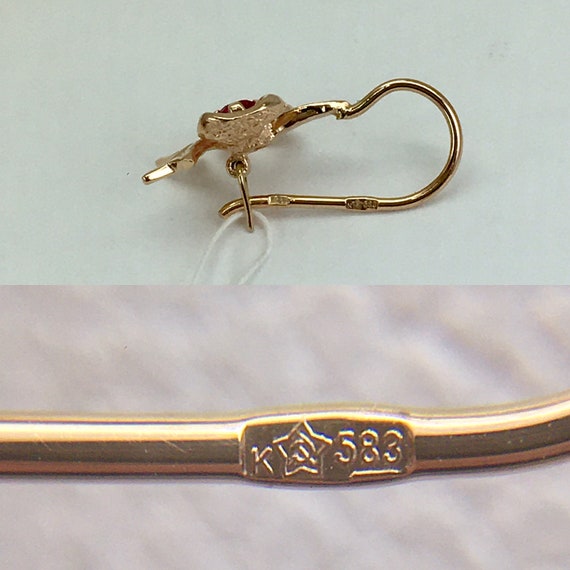 Vintage Original Solid Rose Gold Earrings with Ru… - image 9