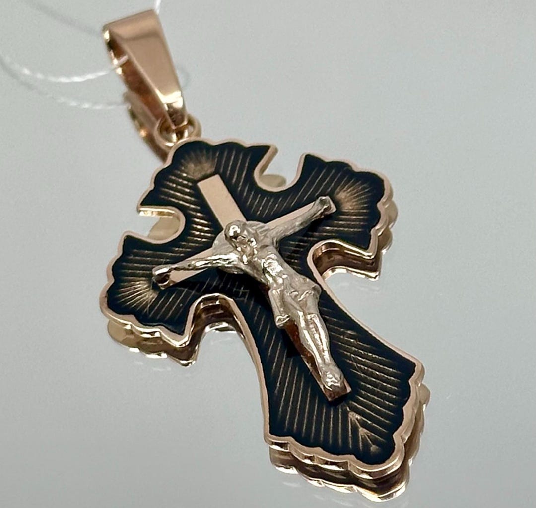 Vintage 14K 585 Rose & White Gold Cross Pendant: Black Enamel