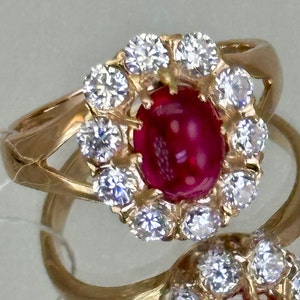 Vintage Original Solid Rose Gold Ring with Ruby & Cubic Zirconia 585 14K, Solid Rose Gold Ruby Ring 585 14K, Solid Gold Ring with Ruby 585
