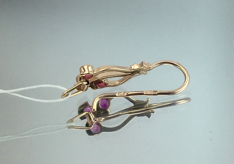 Solid Gold Earrings 583 Vintage Original Soviet Gold Earrings with Ruby 583 Solid Gold 14 KT made in USSR 14 KT Ruby Rose Gold Earrings