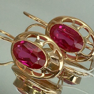Vintage 14K Rose Gold Ruby Earrings, Lviv Jewelry Factory (1975)