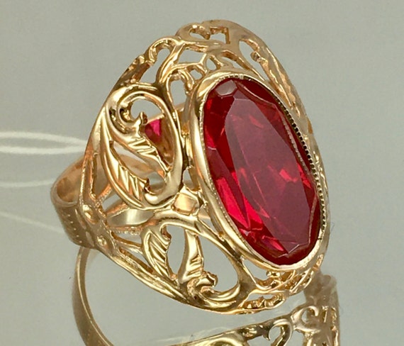 Vintage Original Solid Rose Gold Ring with Ruby 5… - image 1
