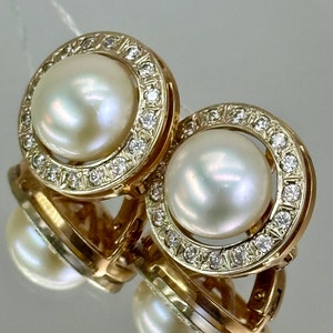 Vintage Original Rose Gold Pearl & Cubic Zirconia Earrings 585 14K, Pearl Rose and White Gold Earrings 585 14K, Gift for Her