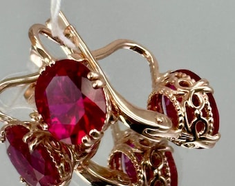 Vintage Original Solid Rose Gold Earrings with Ruby 583 14K, Ruby Rose Gold Earrings 14K, Solid Rose Gold Earrings 583 14K, Rose Gold 583
