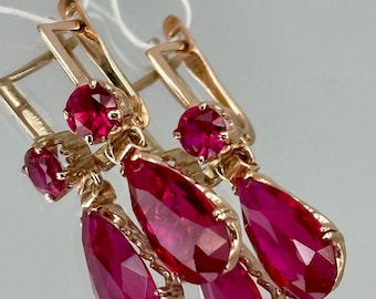 Vintage Original Solid Rose Gold Earrings with Red Ruby 583 14K, Rose Gold 583 14K, Ruby Solid Rose Gold Earrings 583 14K, Gold 583, Ruby