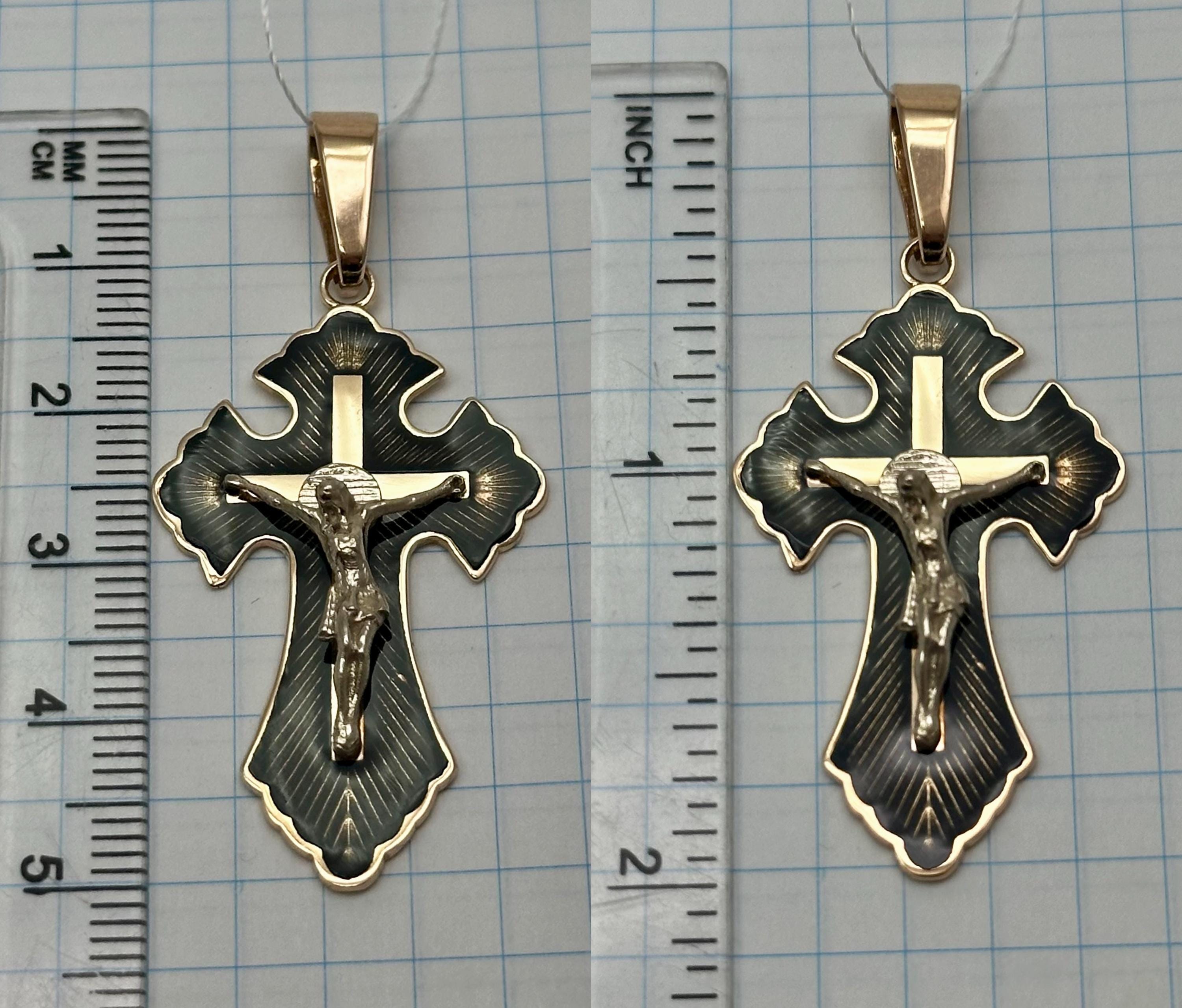 Vintage 14K 585 Rose & White Gold Cross Pendant: Black Enamel