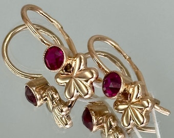 Vintage 14K 583 Rose Gold Ruby Earrings: Floral Design