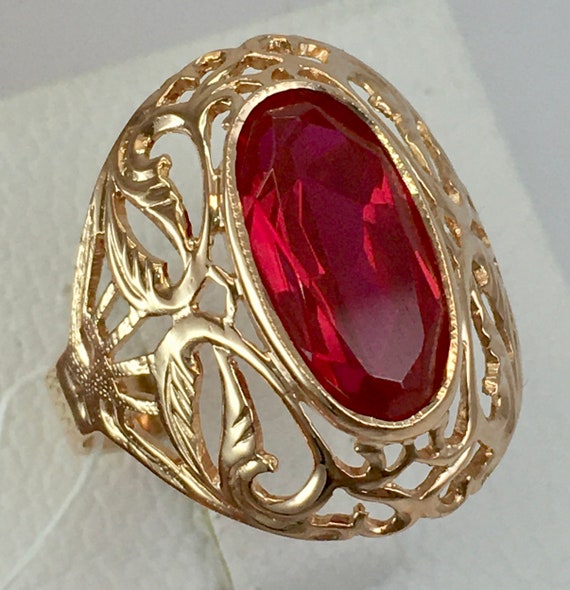 Vintage Original Solid Rose Gold Ring with Ruby 5… - image 2