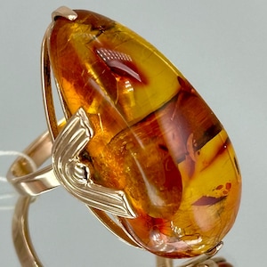 Vintage Natural Baltic Amber Ring: 14K 583 Rose Gold Ring, Size 7 3/4