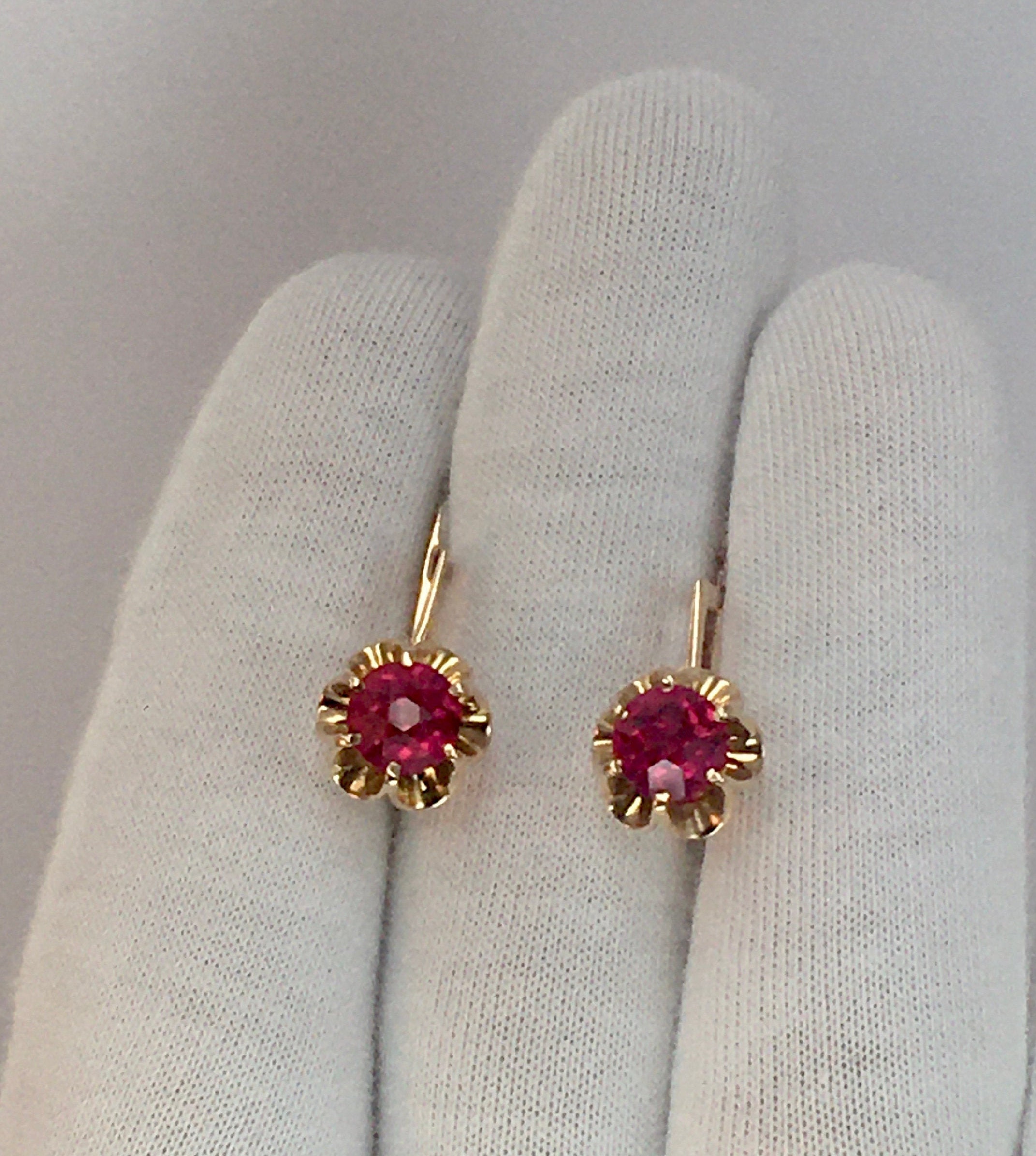 Vintage Original Soviet Rose Gold Earrings with Ruby 583 14K | Etsy