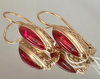 Vintage 14K 583 Rose Gold Ruby Earrings: 1970s Dangle Earrings