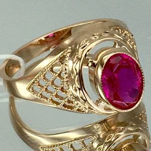 Vintage Original Solid Rose Gold Ring with Ruby 585 14K, Solid Rose Gold Ruby Ring 585 14K, Solid Gold Ring with Ruby 585, Ruby Ring 585
