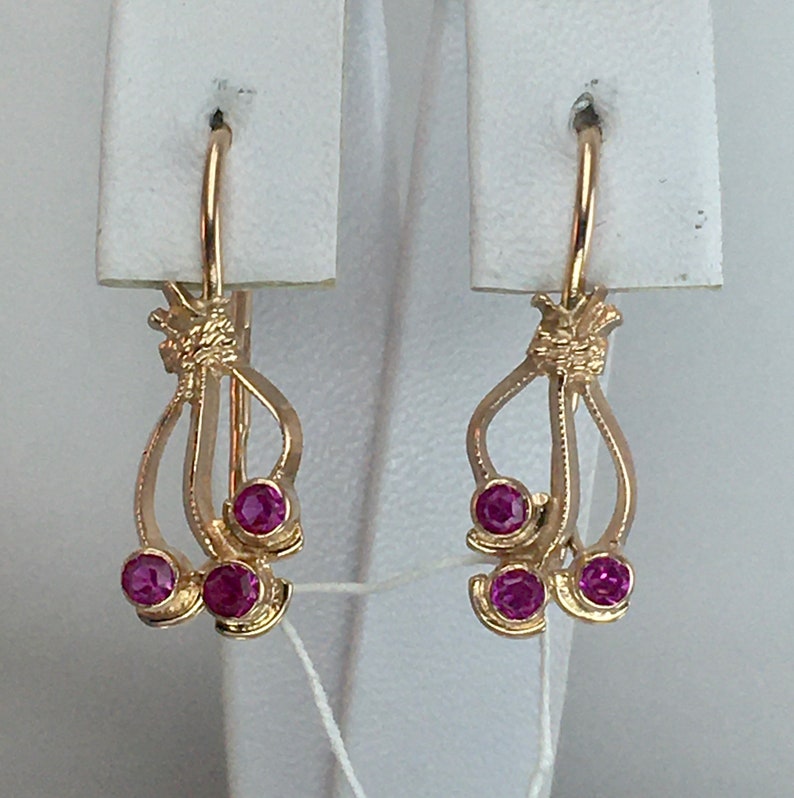 Solid Gold Earrings 583 Vintage Original Soviet Gold Earrings with Ruby 583 Solid Gold 14 KT made in USSR 14 KT Ruby Rose Gold Earrings
