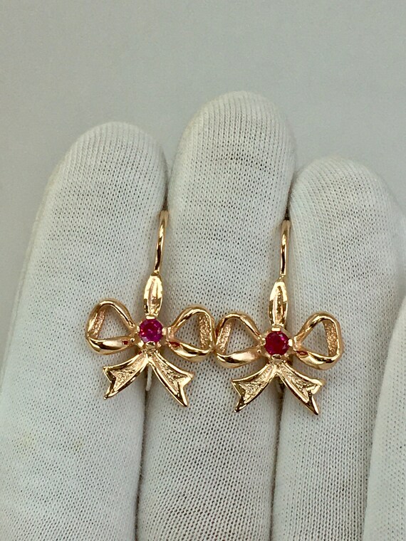 Vintage Original Solid Rose Gold Earrings with Ru… - image 7